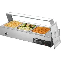 Vevor Commerciële Voedselwarmer met Glazen Deksel en 3 Containers (1/2 Formaat) 1,5 kW Buffet Warmer Roestvrij Staal