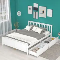 MODFU Houten Tweepersoonsbed 140x200 cm – Met opberglades & lattenbodem – Lamellen hoofdbord – Wit