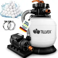 Tillvex Zandfiltersysteem 7.900L/h + 400g Filterkogels | Zandfilterinstallatie filterinstallatie 7-weg ventiel & Adapter Ø32-38mm | Zwembadfilter met drukweergave | Zandfilter zwembad (Wit/Oranje)