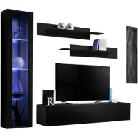 Meublorama Wandmeubel FLY G2 - Glanzend Zwart - Zwevend TV-meubel met LED-verlichte glazen kolom en planken - Modern ontwerp