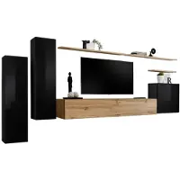 Meublorama Composition muur SWITCH I - Hoogglans zwart en Wotan eiken - TV-meubel, zwevende kasten en planken - Moderne stijl