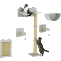 PawHut PwaHut Kletterwand Katzen 5-teilig Katzen Kletterwand Set mit Kratzpfosten, Hängematte, Sprungplatt, Wandkratzbaum, Klettern Katzenkratzbaum Katzenmöbel für Katzen bis 5 kg, Hellgrau
