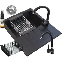 Granitan Spoelbakken Keuken Granieten Milano - Enkele Spoelbak - met Sifon en Kraan - 57x46x16cm - Zwart