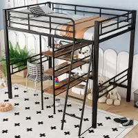 MODFU Bedframe 90x200 cm – Hoogslaper met bureau, planken en reling – EN747-gecertificeerd – Stabiel metaal – Zwart