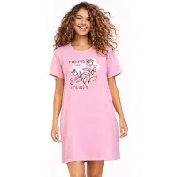 Comtessa - Dames Nachthemd Korte Mouw - Katoen - Pink Flowers - Maat 42