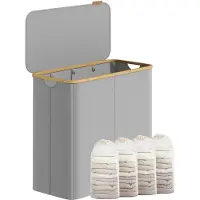 Songmics - Wasmand - Wasmand met 4 Vakken - Opvouwbare Wasverzamelaar met Deksel - Bamboe Handgrepen