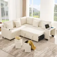 STILVORA Hoekbank 220 x 205 cm - Slaapfunctie Met Opbergruimte En Oplaadpoorten - Woonkamer - Chenille Beige