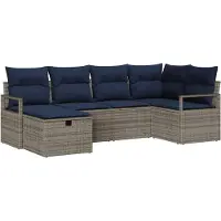vidaXL Bankstel met kussen met opslag Grijs en Marineblauw poly rattan