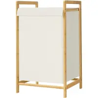 Songmics - Wasmand - Wasmand met Deksel - 2 Vakken - Afneembare Waszak - Bamboe Frame