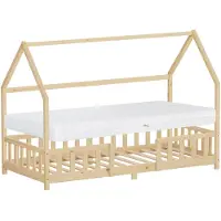 ML-Design Kinderbed huisbed 90x200 cm naturel grenen incl. matras H-16cm uitvalbeschermend dak en lattenbodem