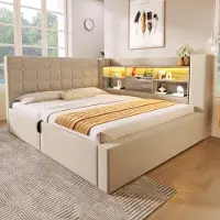 OKWISH Gestoffeerd Bed 140x190 cm - LED-Verlichting & USB-Oplaadpunten - Hydraulische Opbergruimte - Linnen - Beige - Zonder matras