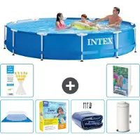 OEM Rond Frame Zwembad - 366 x 76 cm - Blauw - Inclusief Grondzeil - Onderhoudspakket - Solarzeil - Zwembadfilterpomp - 7-delig