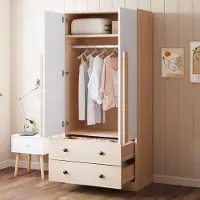 OKWISH Kledingkast Met Dubbele Deuren Met 2 Lades En Legvak Voor Slaapkamer Of Kleedkamer Houtlook Wit 70×40×170 Cm