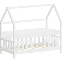 ML-Design Kinderbed huisbed 70x140 cm wit gemaakt van dennenhout incl. matras H-10cm uitvalbeschermend dak en lattenbodem