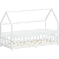 ML-Design Kinderbed huisbed 90x200 cm wit gemaakt van dennenhout incl. matras H-10cm uitvalbeschermend dak en lattenbodem