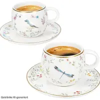 MamboCat 2-delige set FANCY GARDEN Vogel & Libelle Espressokopjes met schoteltjes van porselein – R1371#FGAR