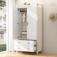OKWISH Gardekast - 2 Deuren En 2 Lades Met Kledingroede - Voor Slaapkamer En Hal - Wit En Naturel Hout - 90x45x180 cm