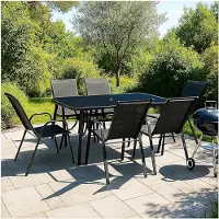 Laura Tuinmeubelset 7-delig 150x90x70 cm – Luxe Eetgroep voor 6 Personen met Glazen Tafelblad & Stapelbare Stoelen – Weerbestendig & Modern Zwart –