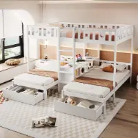 OKWISH Driepersoons Stapelbed 90x200cm/140x220cm - Met Ladder En 2 Lades - Kinderkamer - Hout - Wit - Zonder Matras
