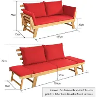 Laura Tuinbank met ligfunctie 198x75x75 cm – Comfortabele tweezits balkonbank met kussens, inklapbare armleuningen, acaciahouten frame, geschikt voor tuin, terras en balkon –