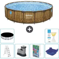 vidaXL Rond Power Steel Swim Vista Zwembad - Houtprint - 549 x 122 - Inclusief Pomp - Ladder - Afdekzeil Voetenbad - 7-delig