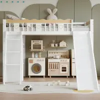 Sweiko Hoogslaper - 90x200cm - met Glijbaan - Kledingkast - Veiligheidsrail - Grenenhout + MDF - Wit + Naturel (Speelgoed niet inbegrepen)