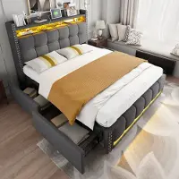 Sweiko Gestoffeerd bed - 160*200 cm - LED-verlichting - USB-poort - 4 laden - Grijs