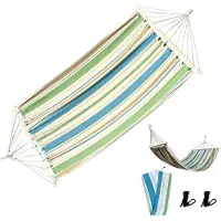 Rijoka Hangmat Large met Spreidstok – 200x140cm – Licht Groen/Blauw Gestreept – 1 Persoons – Incl. 2 Haken, Touw én Opbergzak – Ocean