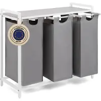 Ren Wasmand 3 Vakken - Wasmand - Wassorteerder - Wasmand Met Deksel - Grijs/Wit - 36cm x 86cm x 73cm
