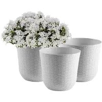 PlasticForte Bloempot/plantenpot - 3x - wit - kunststof - D32 cm - gevlochten mand look - binnen/buiten gebruik