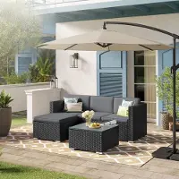 Songmic Gartenmöbel Set Polyrattan Lounge 3-Sitzer Ecksofa mit Tisch & Hocker 6 cm Kissen – 200 x 140 cm Balkonmöbel Wetterfest Braun-Taupe – Urbanhome