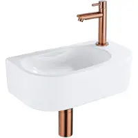 Qeramiq Fuente Fonteinset - 40x21.5x12cm - rechts - glad - halfrond - 1 kraangat - keramiek - fonteinkraan geborsteld koper - afvoerplug - verlaagd sifon - wit glans