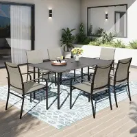 Laura Tuinset 170x96 cm met 6 Stoelen – Rechthoekige Metalen Tuintafel met Parasolgat – Weerbestendige Tuinmeubelset voor Terras, Balkon & Tuin – Bruin/Zwart –