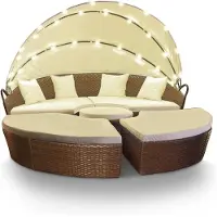Laura Zonne-eiland Loungeset 180 cm met LED Verlichting & Zonnepaneel – Polyrotan Tuin Ligbed met Kussens, Dekzeil & UV-Bescherming – Bruin –