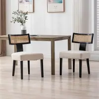 Laura Eetkamerstoelen set van 2 – Vintage zwarte gestoffeerde houten stoelen met rotan rugleuning, 58x52x87 cm, comfortabele kussens, armloos, retro stijl –