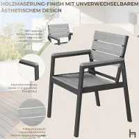 Laura Tuinmeubelset 150x80 cm 4 Personen Aluminium Houtlook Tuintafel met 4 Stoelen en Armleuningen – Weerbestendige Balkon- en Terrasmeubelen Grijs –