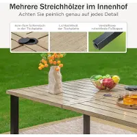 Laura Tuinmeubelset 6 Personen 152x91x73 cm – Stijlvolle Metalen Eettafel met 6 Stapelbare Stoelen, Ruimtebesparend, Weerbestendig, Teakkleur, Parasolgat 4 cm –