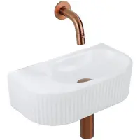 Qeramiq Fuente Fonteinset - 40x21.5x12cm - geribbeld - halfrond - keramiek - fonteinkraan geborsteld koper - afvoerplug - verlaagd sifon - wit glans SW1522207/SW799405/SW799403/SW1108832