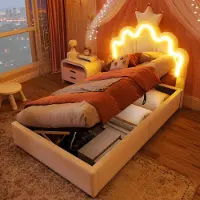 Ulife Prinsessenbed met verstelbaar hoofdeinde en LED-verlichting, hydraulisch hefmechanisme, kunstleer, wit, zonder matras, 90 x 200 cm