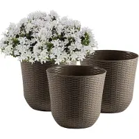 PlasticForte Bloempot/plantenpot - 3x - taupe - kunststof - D32 cm - gevlochten mand look - binnen/buiten gebruik