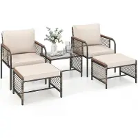KOMFOTTEU 5-delig Tuinmeubelset voor buiten, met kussens, tuinmeubelen van rotan met 1 salontafel van gehard glas, 2 stoelen en 2 voetenbankjes, voor balkon, terras, patio