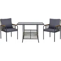 KOMFOTTEU 3-delig Tuinmeubelset voor buiten, polyrotan, tafel met blad van gehard glas en 2 stoelen, zachte kussens, armleuning van hout en kunststof, tuinmeubelen voor terras, zwembad