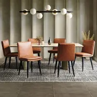 Flieks Eetkamerstoelen, set van 6, gestoffeerde keukenstoelen met dubbele zitting, make-up stoel/woonkamermeubel met metalen poten, Polyurethanleer, bruin