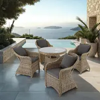 TecTake Rattan Tuinset 5-delig Ø90 cm – Luxe Polyrattan Tuinmeubel Set met 4 Stoelen en Ronde Tafel, Aluminium Frame, Inclusief 8 Kussens – Weerbestendige Balkon en Terras Set – Urbanhome
