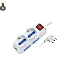 Alcapower stekkerdoos met 6 stopcontacten, 4x 10/16A Bipasso, 2x Schuko, 1,5 meter kabel, 90-graden stekker, verlichte schakelaar, wit