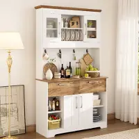 OKWISH Buffetkast – Vitrinedeuren, 2 Laden En Hakenrail – Voor Keuken, Eetkamer En Hal – Wit Naturel – 106x39x176,5 cm
