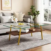 OKWISH Salontafel - Gehard Glas Tafelblad - Woonkamer - MDF Blush Met Gouden Metalen Poten - 98x58x42,5 Cm
