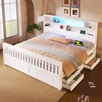OKWISH Platformbed 180x200 cm - Met Led Hoofdbord en USB - Met 4 Lades en Opbergruimte - Tweepersoonsbed - Hout - Wit - Zonder Matras