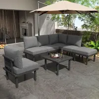STILVORA Tuin Loungeset 6 Delig - Verstelbare Poten - Weerbestendige Olefin Kussens - Tafel Met Glazen Blad - Verzinkt Ijzer Grijs