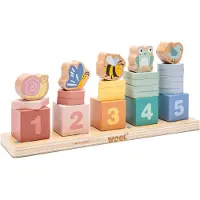 Woet Houten Tel & Stapel Blokken - Leren Tellen 1 t/m 5 - FSC Stapel- en Sorteerspel - Vormen, Dieren & Kleuren - Montessori Puzzel - Educatief Speelgoed - Vanaf 18 Maanden